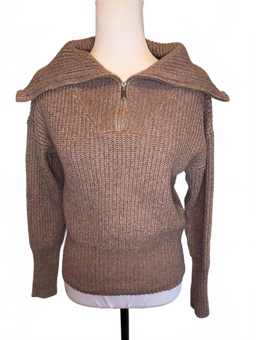 Mauve Brown Chunky Knit Quarter Zip Sweater XS Oversized Collar Après Ski Cozy